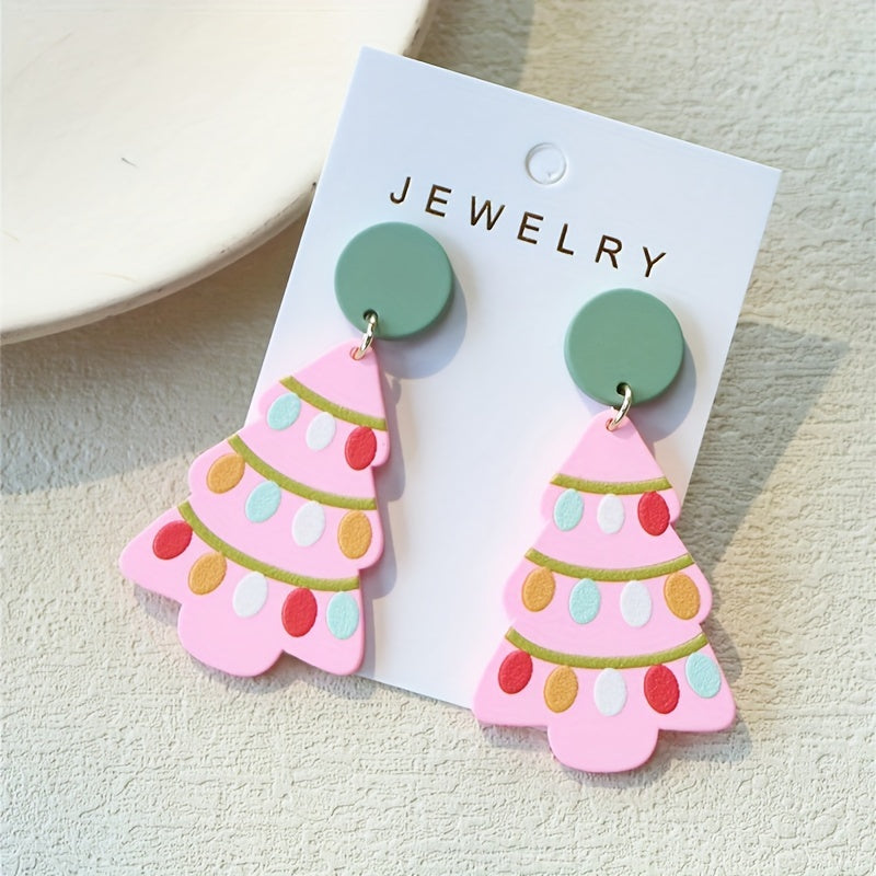 Elegant Boho Chic Pink Acrylic Christmas Tree Dangle Earrings with Sparkle Detail - Stainless Steel Posts, Perfect for Daily Wear & Parties
