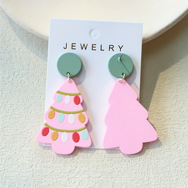 Elegant Boho Chic Pink Acrylic Christmas Tree Dangle Earrings with Sparkle Detail - Stainless Steel Posts, Perfect for Daily Wear & Parties