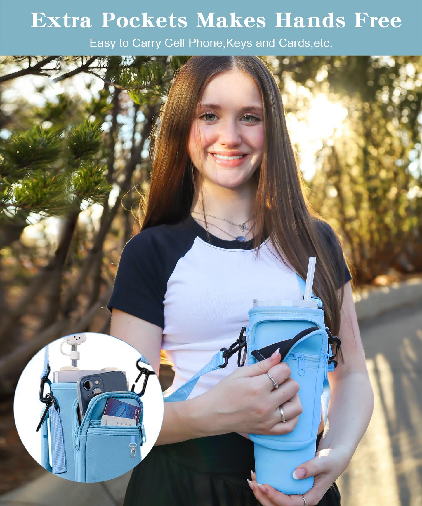 Water Bottle Carrier Bag With Phone Pocket For Tumbler Neoprene Water Bottle Holder Pouch With Adjustable Strap Bollus With Straw Cover & Carabiner For Cup Accessories Drinkware Mug