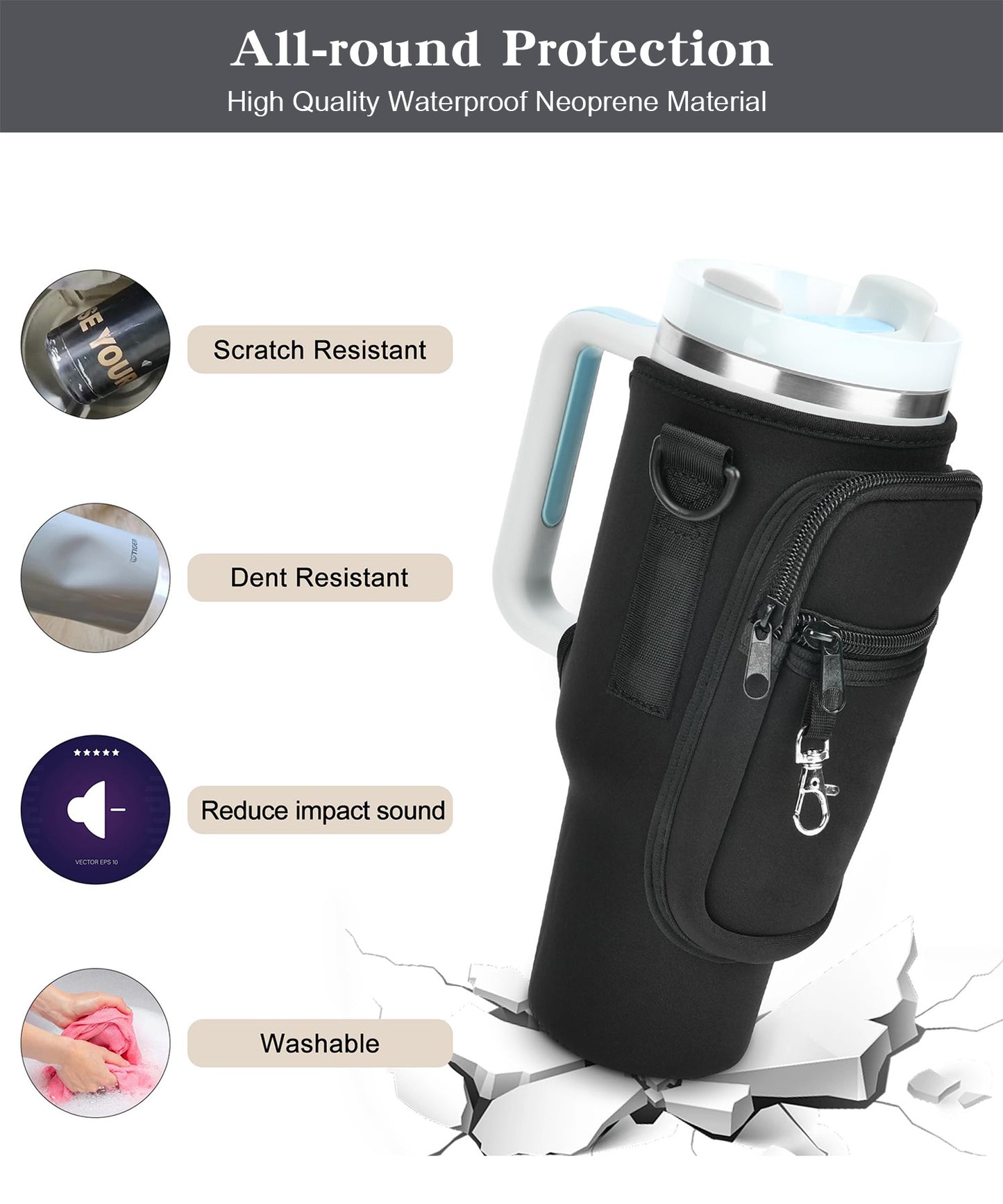 Water Bottle Carrier Bag With Phone Pocket For Tumbler Neoprene Water Bottle Holder Pouch With Adjustable Strap Bollus With Straw Cover & Carabiner For Cup Accessories Drinkware Mug