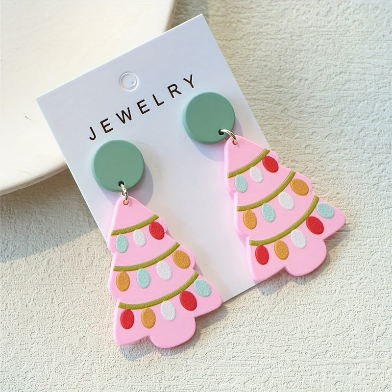 Elegant Boho Chic Pink Acrylic Christmas Tree Dangle Earrings with Sparkle Detail - Stainless Steel Posts, Perfect for Daily Wear & Parties