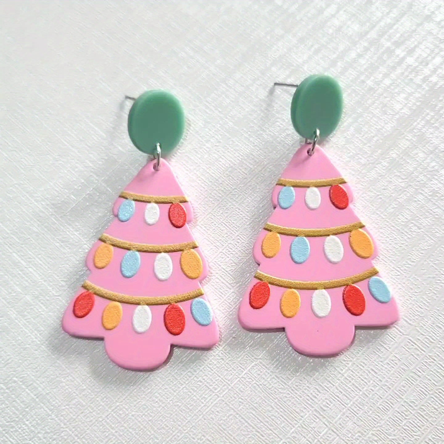 Elegant Boho Chic Pink Acrylic Christmas Tree Dangle Earrings with Sparkle Detail - Stainless Steel Posts, Perfect for Daily Wear & Parties