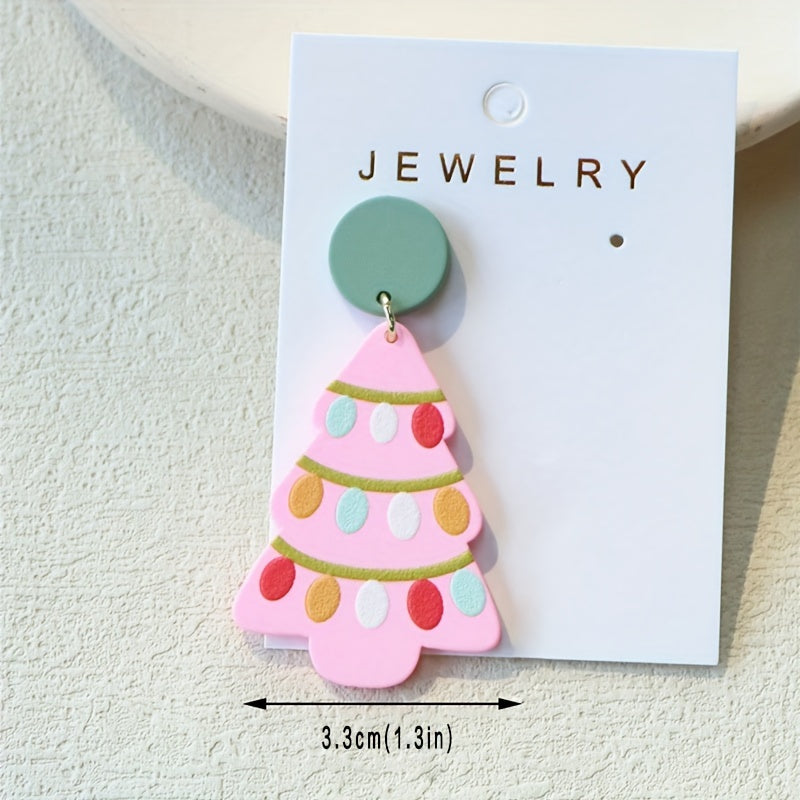 Elegant Boho Chic Pink Acrylic Christmas Tree Dangle Earrings with Sparkle Detail - Stainless Steel Posts, Perfect for Daily Wear & Parties