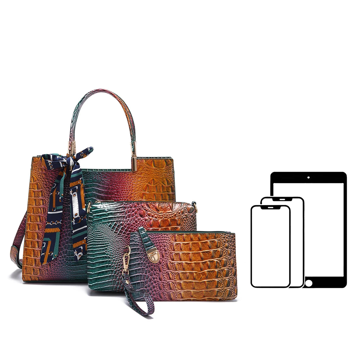 Elegant 3-Piece Crocodile Pattern Bag Set: Versatile Tote, Secure Crossbody & Chic Wristlet - Gradient Style for Every Occasion