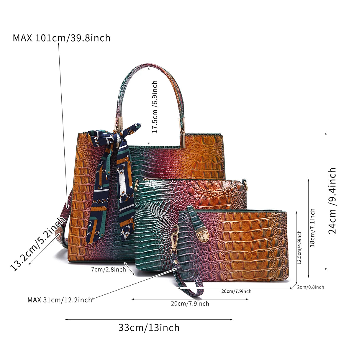 Elegant 3-Piece Crocodile Pattern Bag Set: Versatile Tote, Secure Crossbody & Chic Wristlet - Gradient Style for Every Occasion