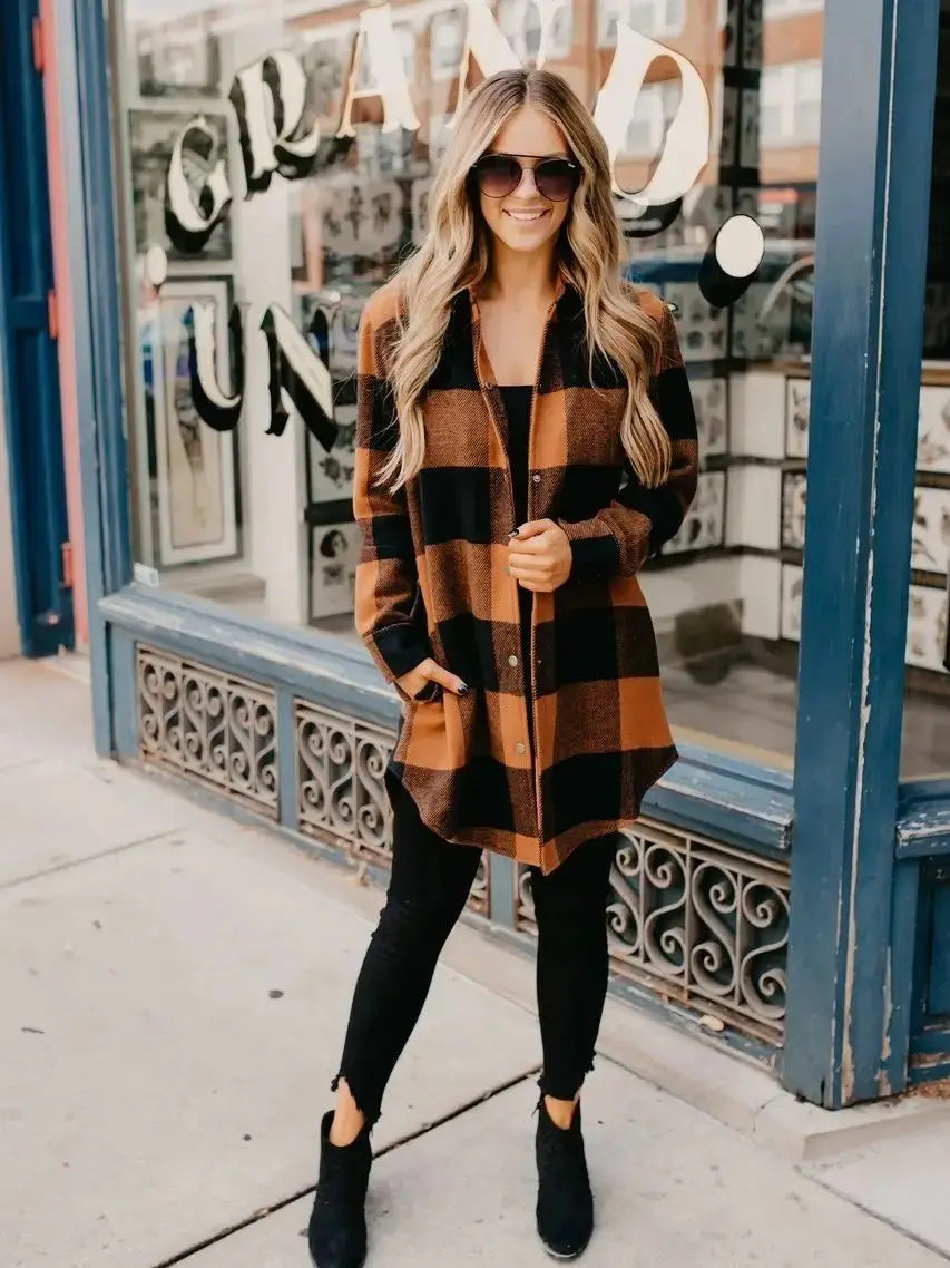New turtleneck plaid shirt women's medium length long sleeved women's coat