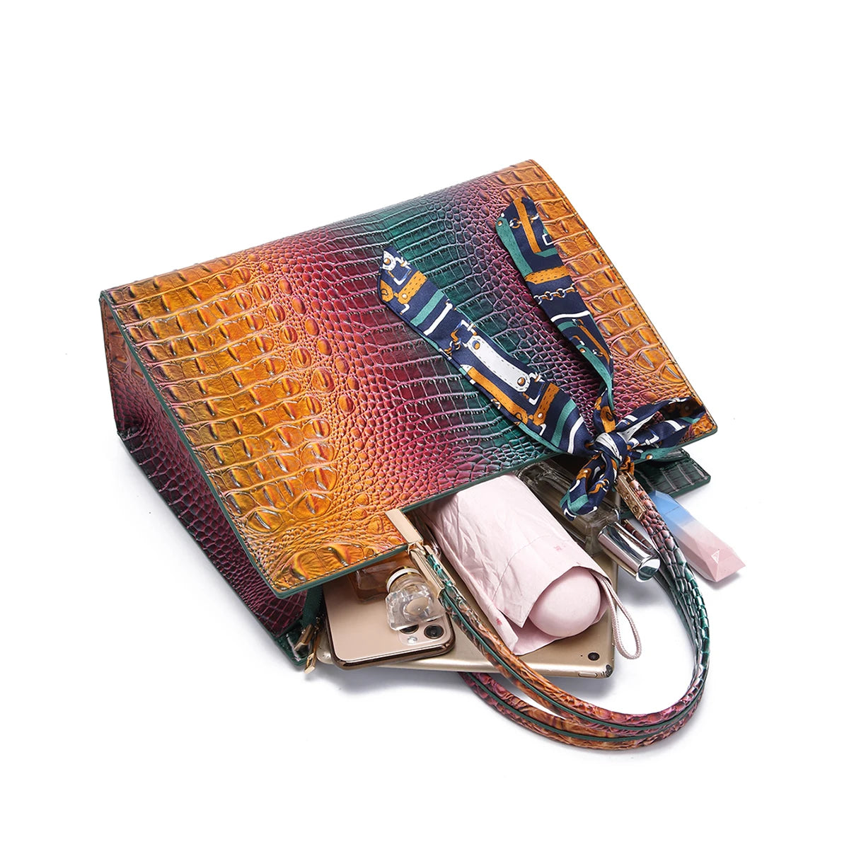 Elegant 3-Piece Crocodile Pattern Bag Set: Versatile Tote, Secure Crossbody & Chic Wristlet - Gradient Style for Every Occasion