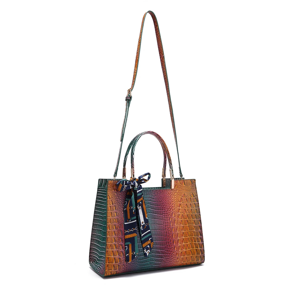 Elegant 3-Piece Crocodile Pattern Bag Set: Versatile Tote, Secure Crossbody & Chic Wristlet - Gradient Style for Every Occasion
