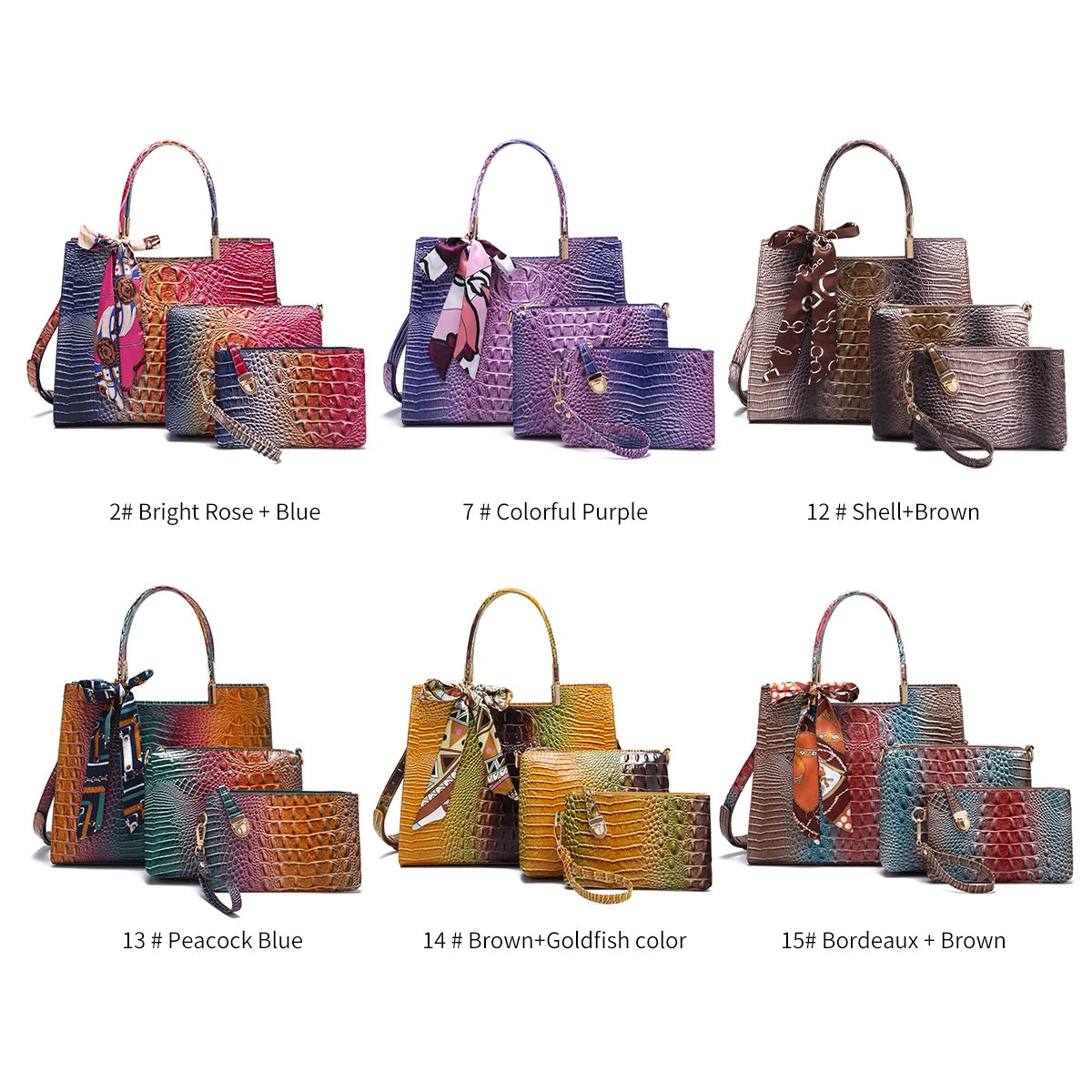 Elegant 3-Piece Crocodile Pattern Bag Set: Versatile Tote, Secure Crossbody & Chic Wristlet - Gradient Style for Every Occasion
