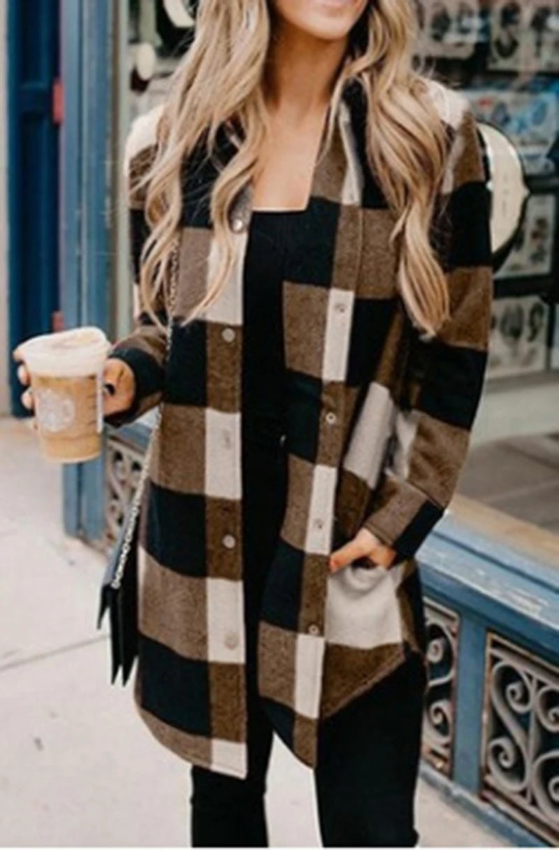 New turtleneck plaid shirt women's medium length long sleeved women's coat