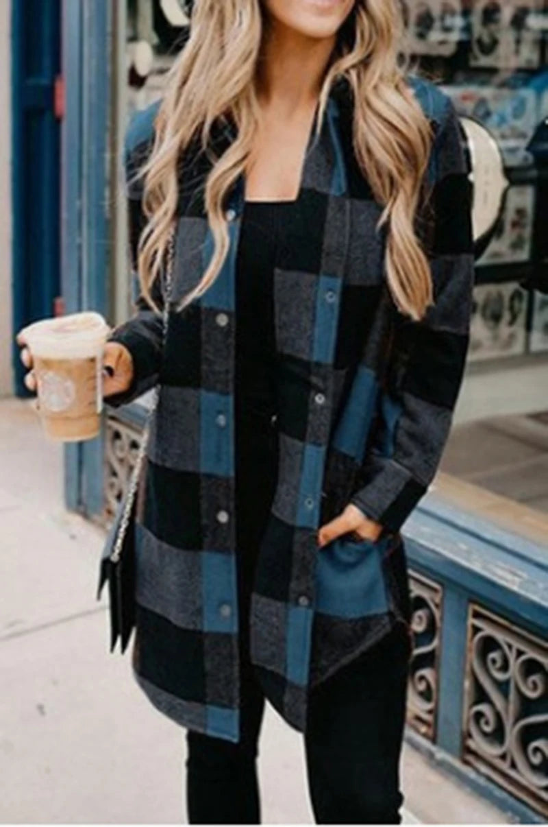 New turtleneck plaid shirt women's medium length long sleeved women's coat