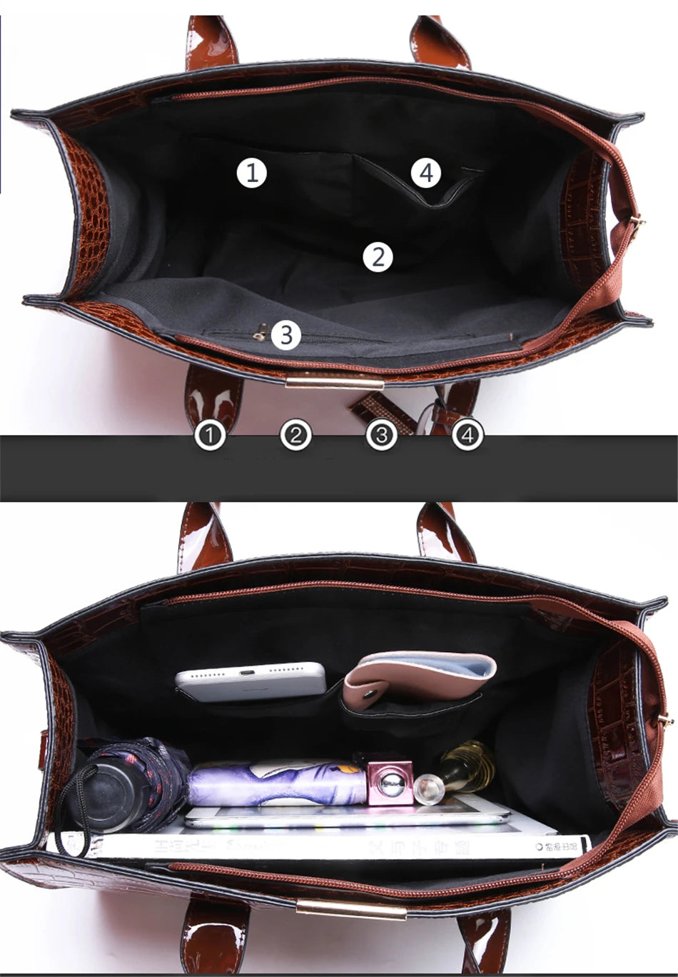 Crocodile Print Women Handbags and Purse Casual Tote Bags Top Handle Bags Large Capacity Patent Leather Crossbody Bags
