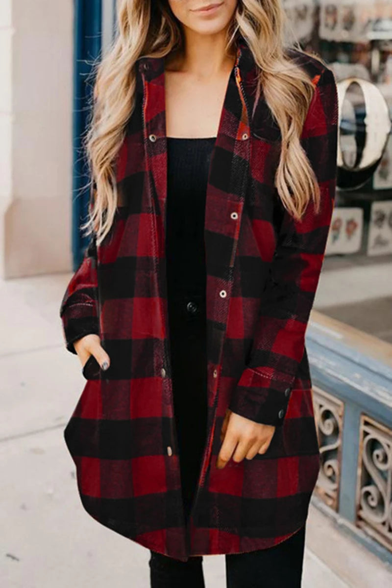 New turtleneck plaid shirt women's medium length long sleeved women's coat