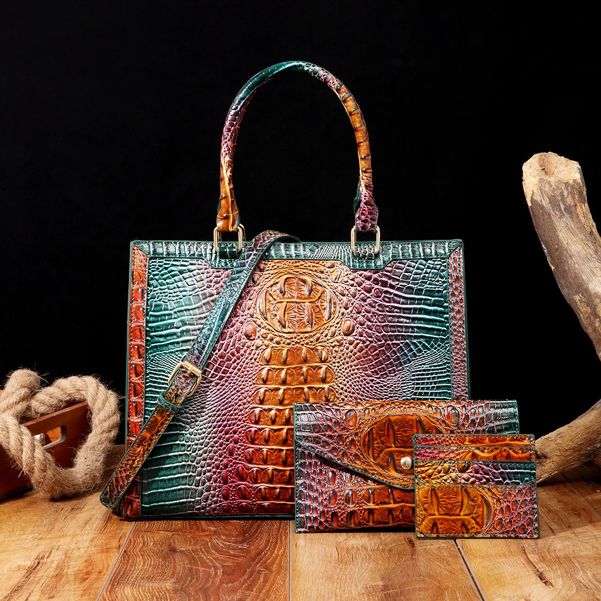 Modern Urban StyleTrendy Crocodile Embossed Leather Set - Luxury Handbag, Versatile Envelope Clutch, and Multi-functional Card H