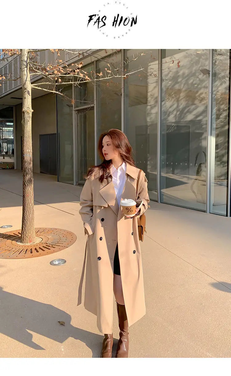 Streetwear Loose Trench Coat Midi Length Fashion Korean Elegant Khaki Black Women's Windbreaker Coat Casual Double Breasted Tops