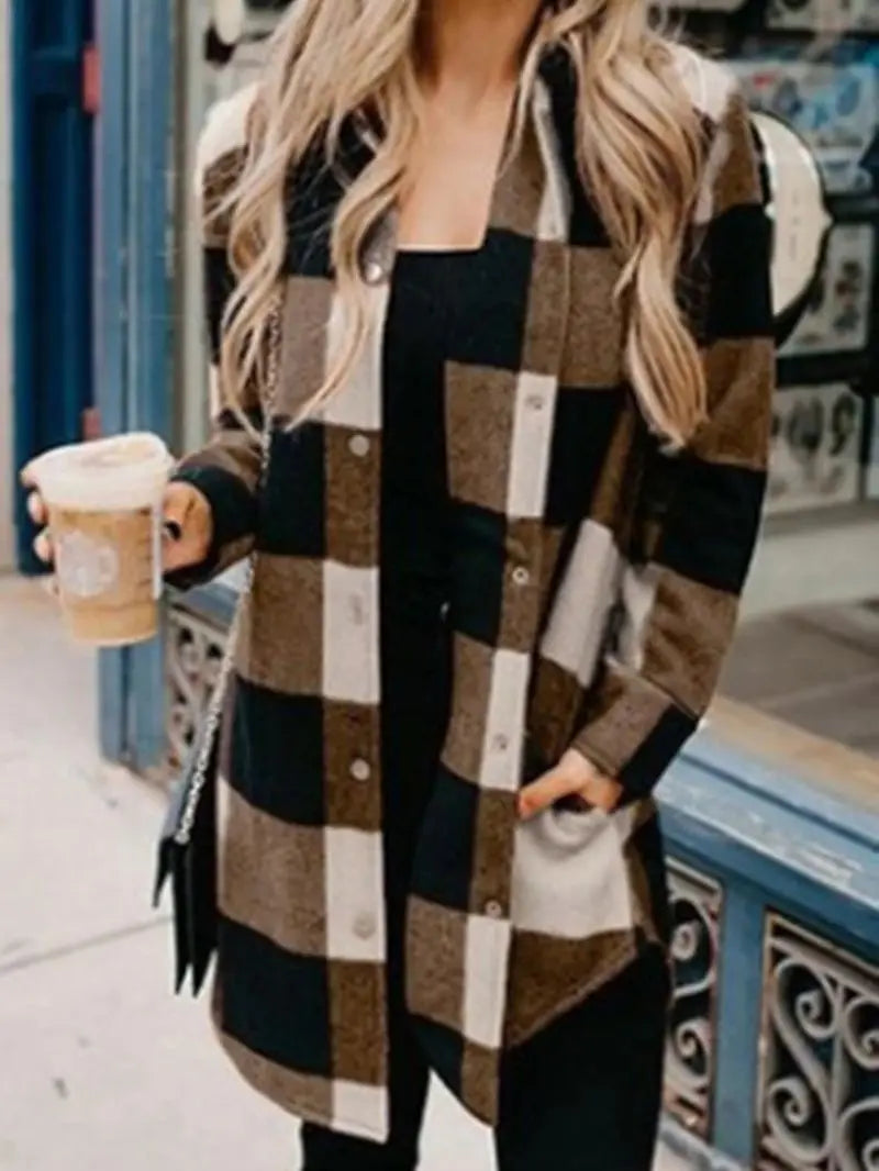 New turtleneck plaid shirt women's medium length long sleeved women's coat