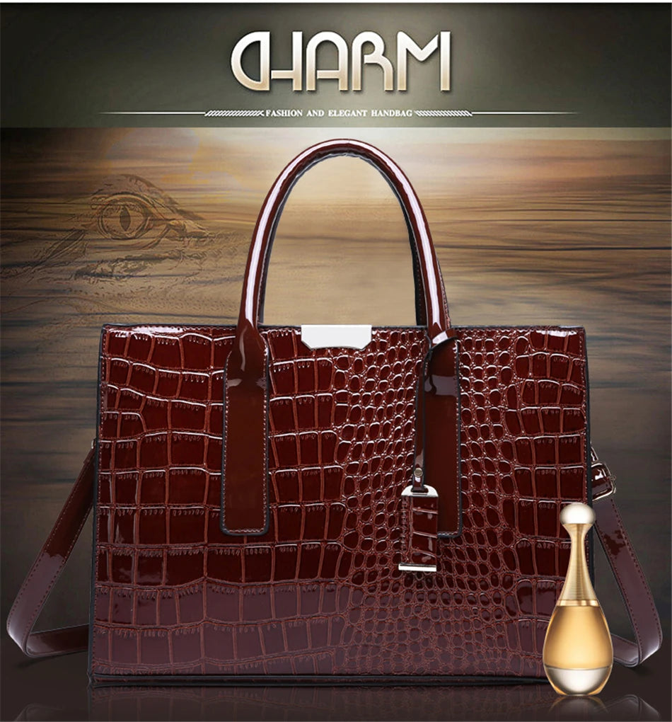 Crocodile Print Women Handbags and Purse Casual Tote Bags Top Handle Bags Large Capacity Patent Leather Crossbody Bags
