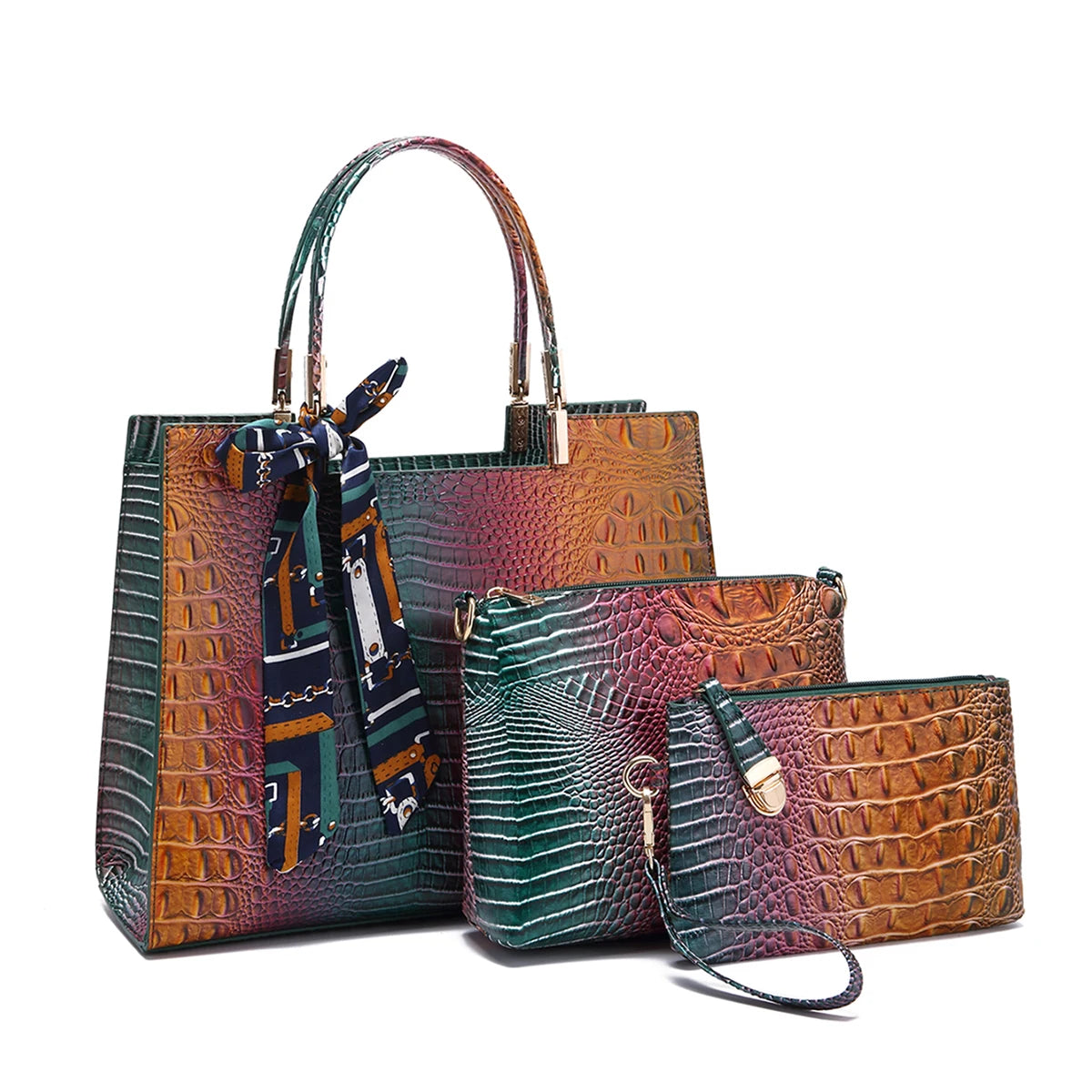 Elegant 3-Piece Crocodile Pattern Bag Set: Versatile Tote, Secure Crossbody & Chic Wristlet - Gradient Style for Every Occasion