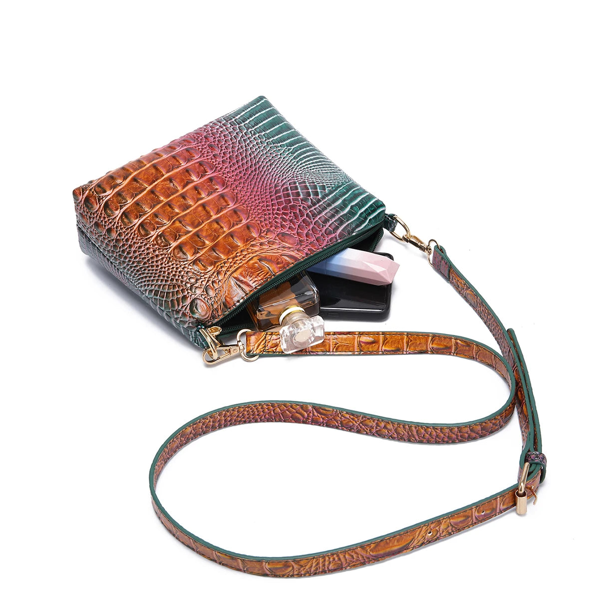 Elegant 3-Piece Crocodile Pattern Bag Set: Versatile Tote, Secure Crossbody & Chic Wristlet - Gradient Style for Every Occasion