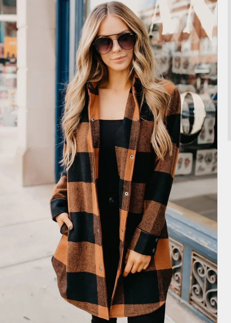 New turtleneck plaid shirt women's medium length long sleeved women's coat