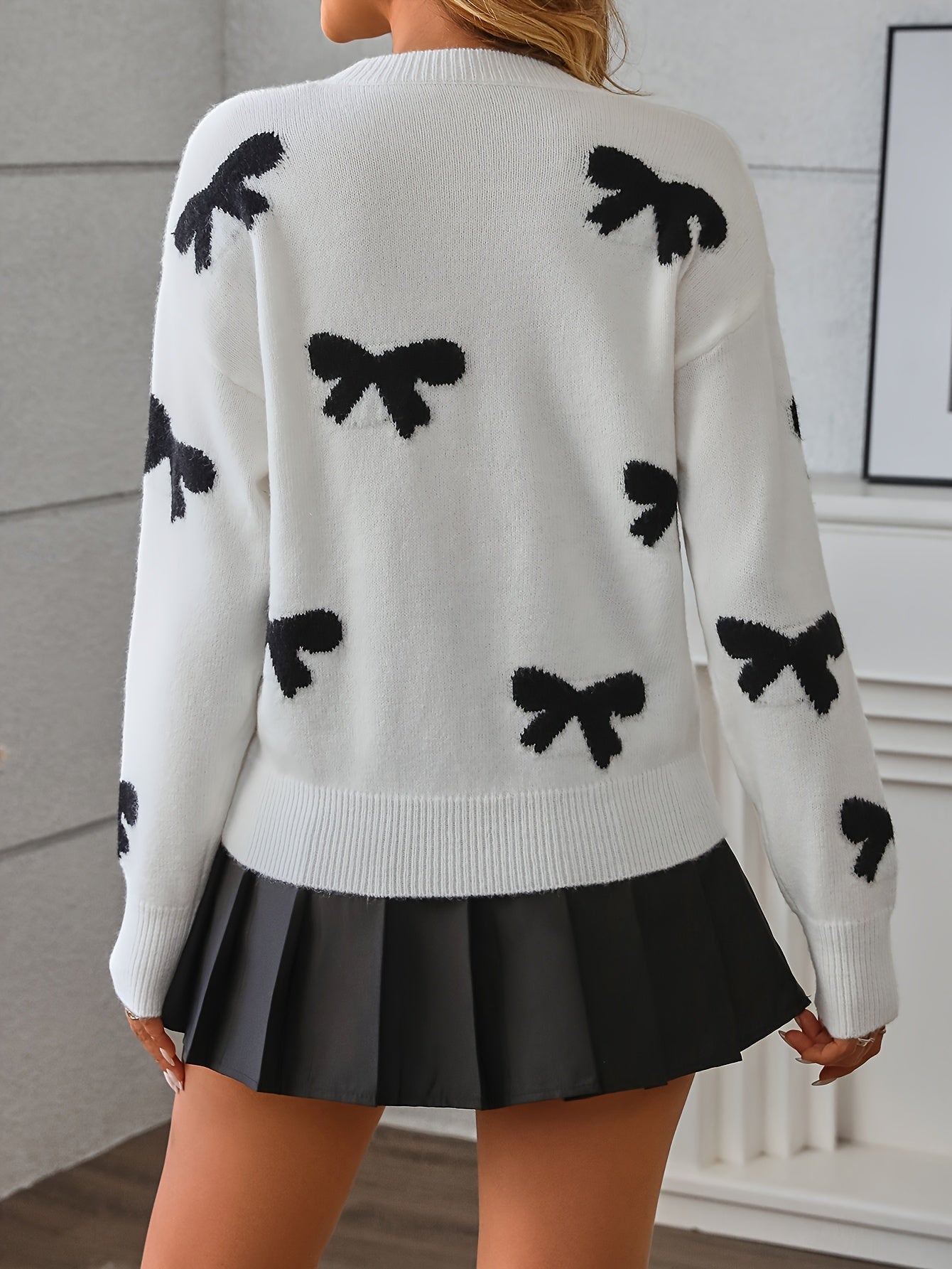 Women'S Crew Neck Pullover Sweater with Bow and Butterfly Pattern, Knit Fabric, for Fall/Winter