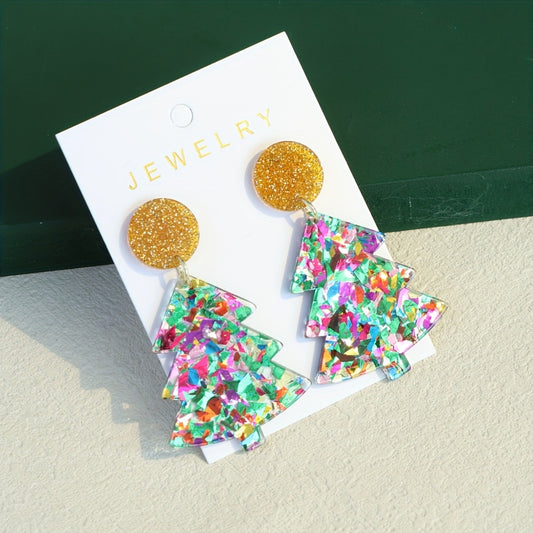 Christmas Tree Colorful Sequins Decor Dangle Earrings Cute Cartoon Style Acrylic Jewelry Classic Christmas Eve Gift