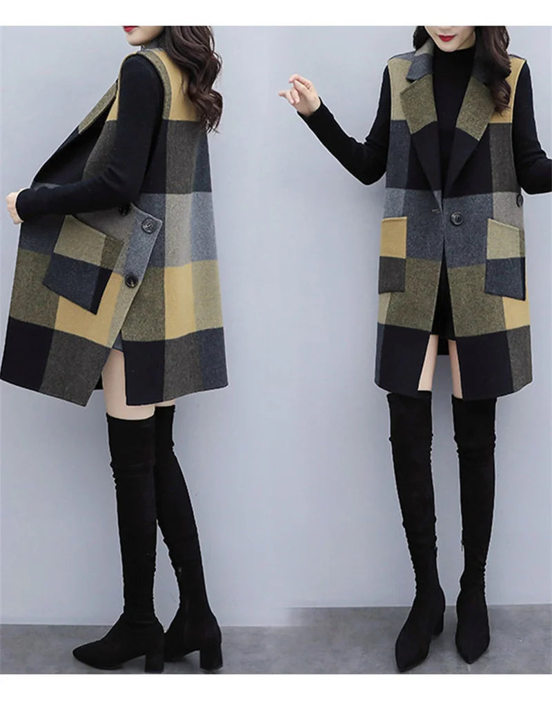 Women Vest Jacket Lattice Jackets Woolen Waistcoat Women 2024 Autumn And Winter Korean Fashion Long Wool Sleeveless Coat Female