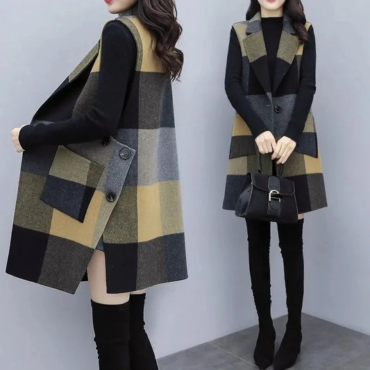 Women Vest Jacket Lattice Jackets Woolen Waistcoat Women 2024 Autumn And Winter Korean Fashion Long Wool Sleeveless Coat Female