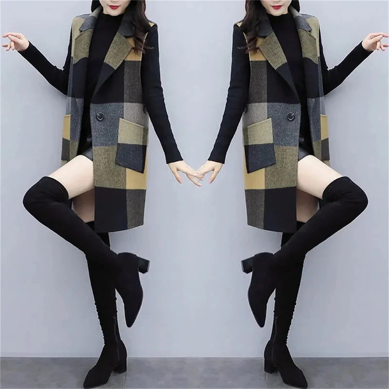 Women Vest Jacket Lattice Jackets Woolen Waistcoat Women 2024 Autumn And Winter Korean Fashion Long Wool Sleeveless Coat Female