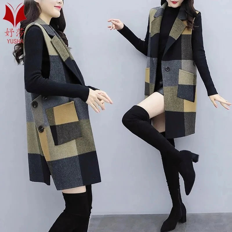 Women Vest Jacket Lattice Jackets Woolen Waistcoat Women 2024 Autumn And Winter Korean Fashion Long Wool Sleeveless Coat Female