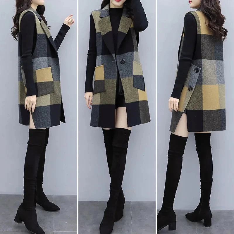 Women Vest Jacket Lattice Jackets Woolen Waistcoat Women 2024 Autumn And Winter Korean Fashion Long Wool Sleeveless Coat Female