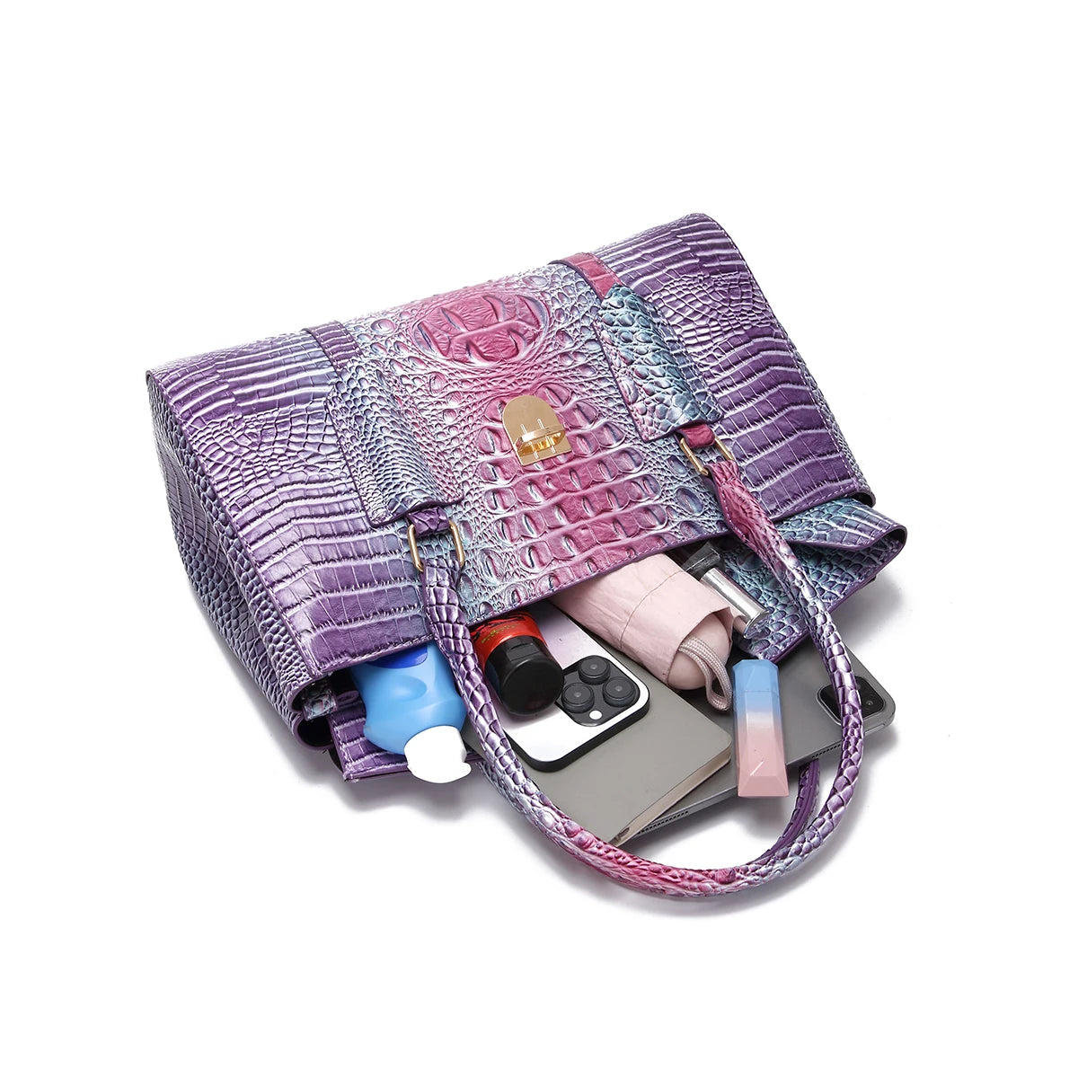 Fashionable, Minimalist, Avant-Garde Iridescent Crocodile Embossed Leather Set - High-End Luxury Handbag, Stylish Envelope Clutc