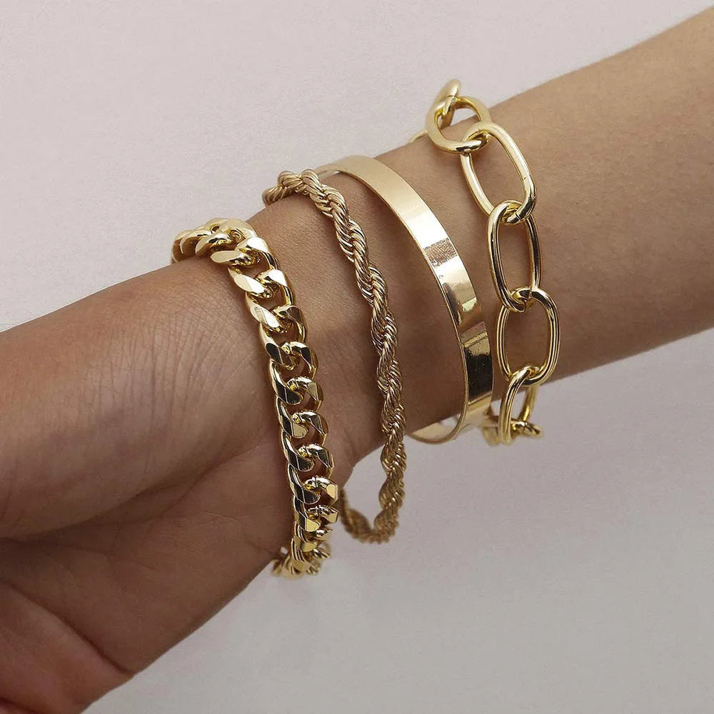 4pcs Punk Curb Cuban Chain Bracelets Set for Women Simple Thick Gold Color Charm Bracelets Fashion Jewelry Accessories New