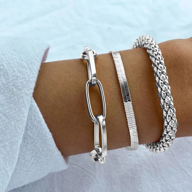 4pcs Punk Curb Cuban Chain Bracelets Set for Women Simple Thick Gold Color Charm Bracelets Fashion Jewelry Accessories New