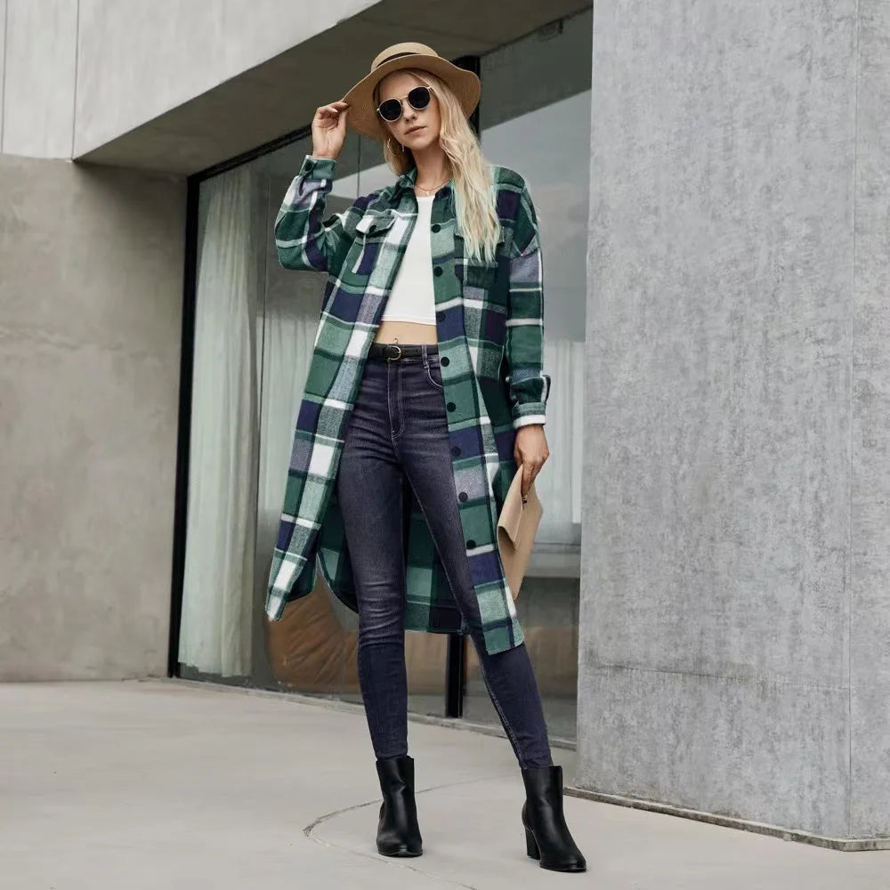 2024 New Autumn Shirt Coats Side Slit Lapel Loose Woolen Y2K Wool Trench Coat Women Long Sleeve Plaid Coat Pockets Shirt Jackets