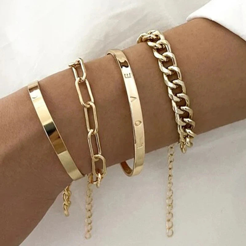 4pcs Punk Curb Cuban Chain Bracelets Set for Women Simple Thick Gold Color Charm Bracelets Fashion Jewelry Accessories New