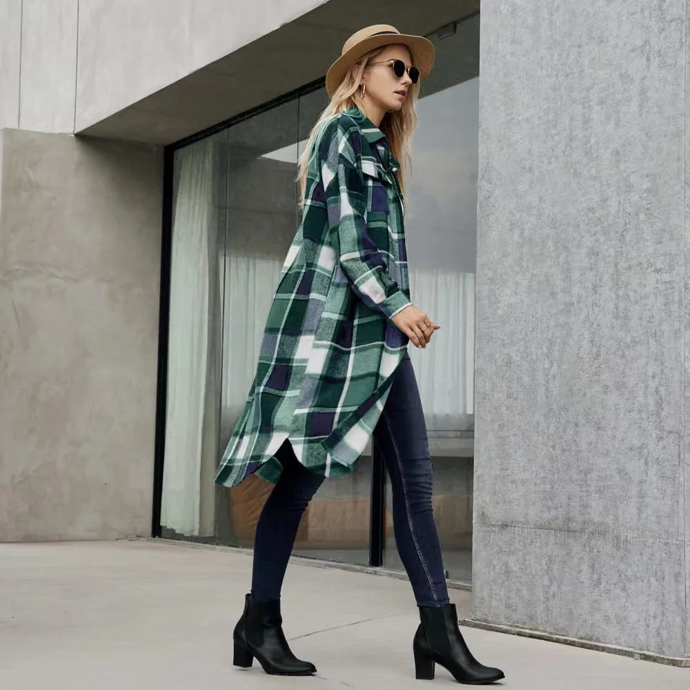 2024 New Autumn Shirt Coats Side Slit Lapel Loose Woolen Y2K Wool Trench Coat Women Long Sleeve Plaid Coat Pockets Shirt Jackets