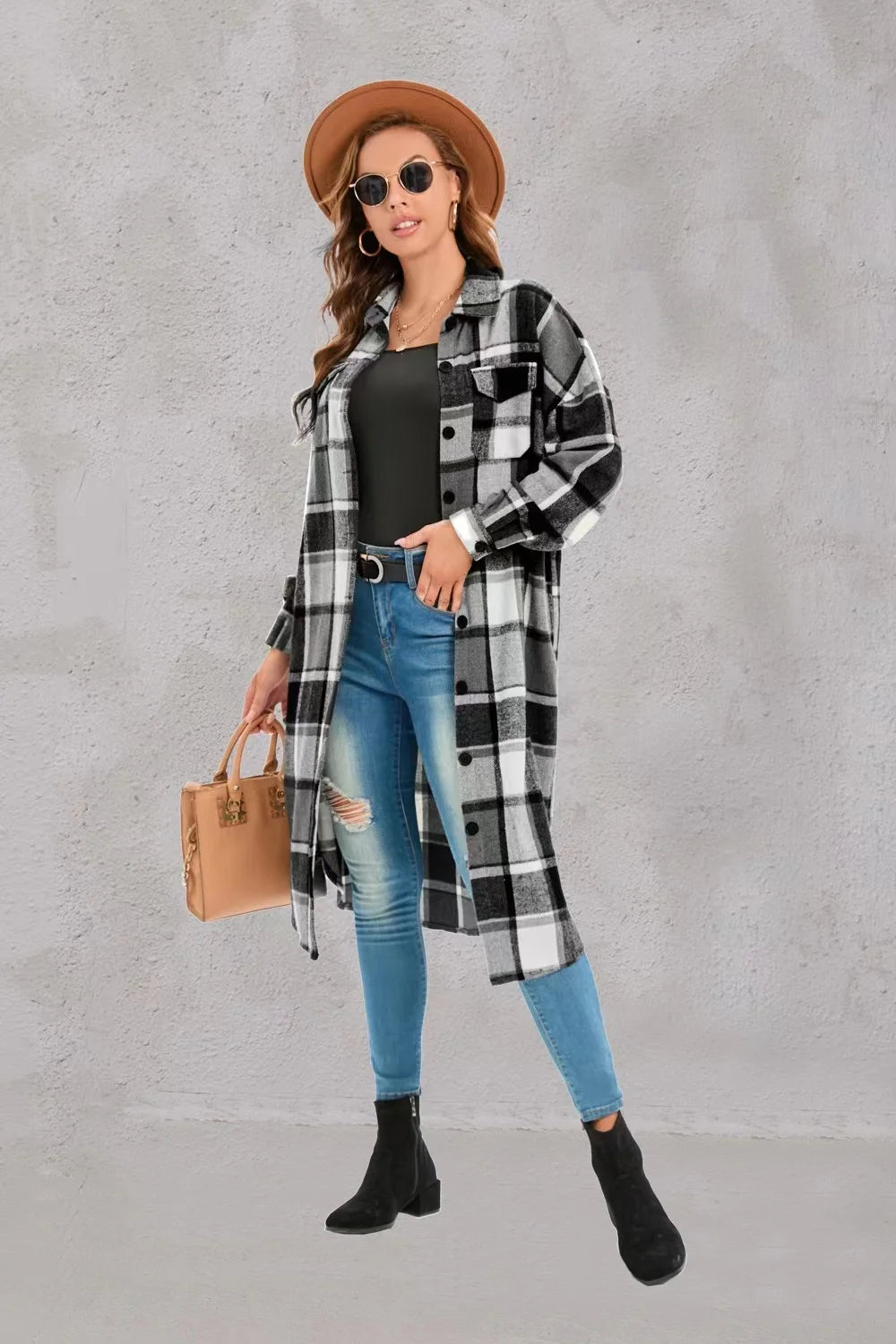 2024 New Autumn Shirt Coats Side Slit Lapel Loose Woolen Y2K Wool Trench Coat Women Long Sleeve Plaid Coat Pockets Shirt Jackets