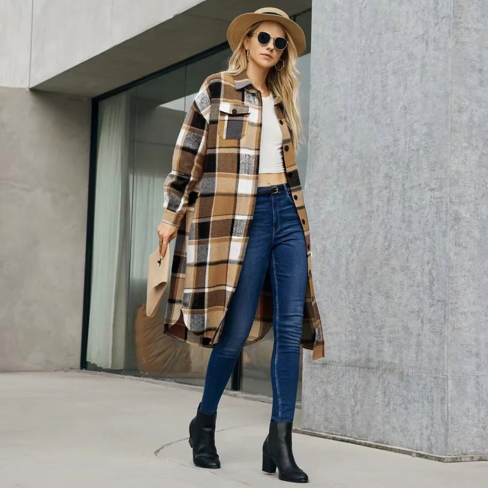 2024 New Autumn Shirt Coats Side Slit Lapel Loose Woolen Y2K Wool Trench Coat Women Long Sleeve Plaid Coat Pockets Shirt Jackets