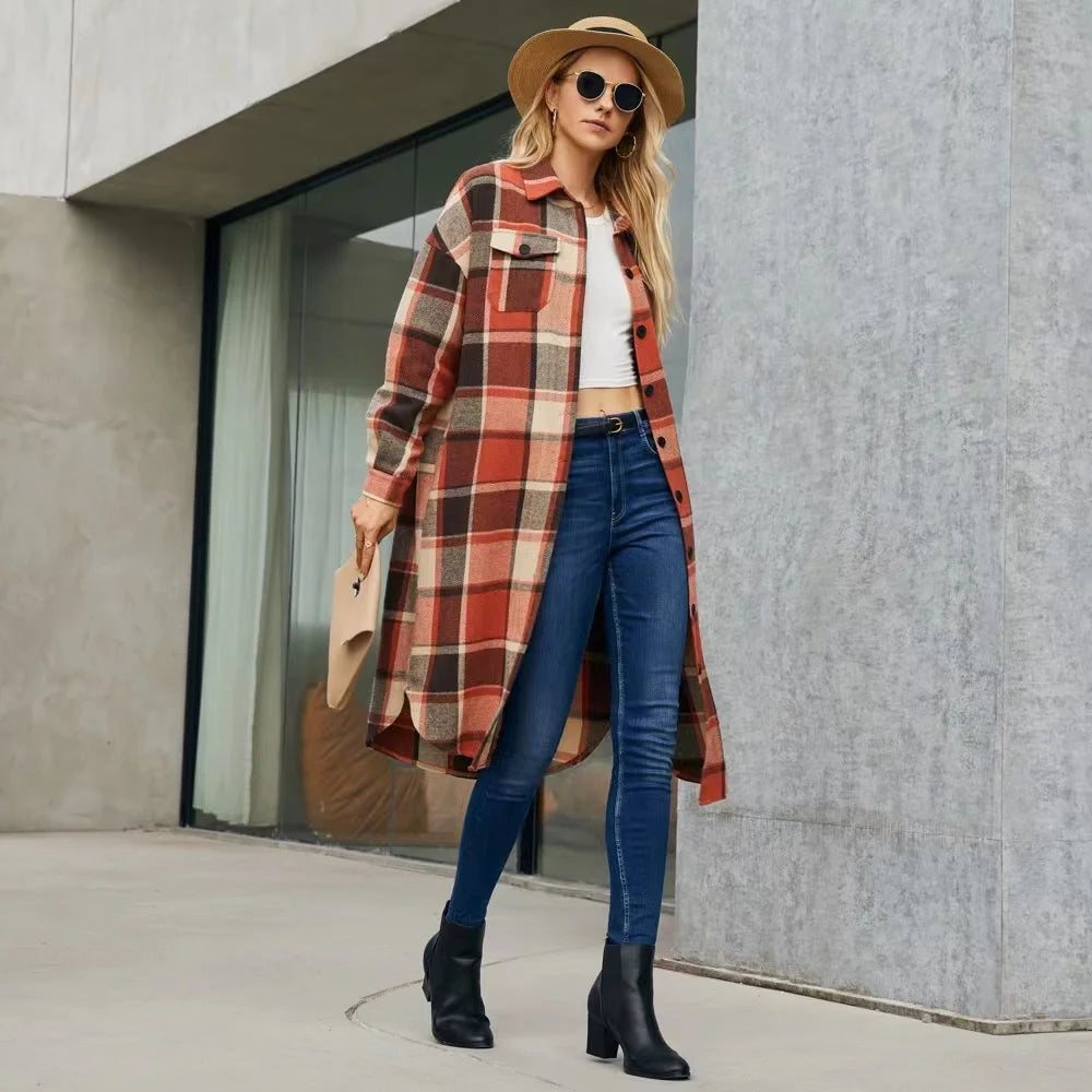 2024 New Autumn Shirt Coats Side Slit Lapel Loose Woolen Y2K Wool Trench Coat Women Long Sleeve Plaid Coat Pockets Shirt Jackets