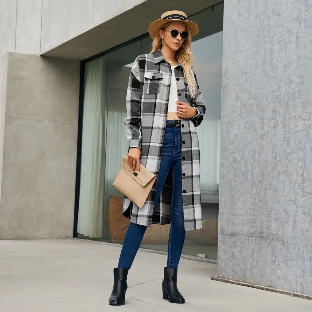 2024 New Autumn Shirt Coats Side Slit Lapel Loose Woolen Y2K Wool Trench Coat Women Long Sleeve Plaid Coat Pockets Shirt Jackets