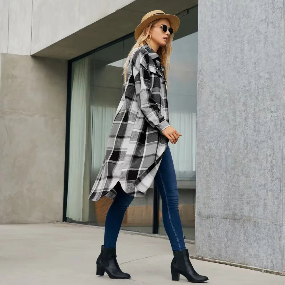 2024 New Autumn Shirt Coats Side Slit Lapel Loose Woolen Y2K Wool Trench Coat Women Long Sleeve Plaid Coat Pockets Shirt Jackets