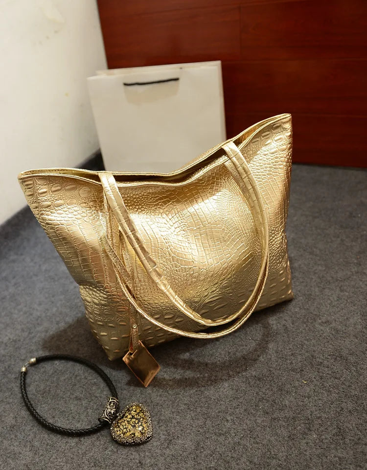 Bags for Women High Capacity Crocodile-pattern Bags Female PU Shoulder Shopping Gold Ladies Hand Bags Black Alligator Bag