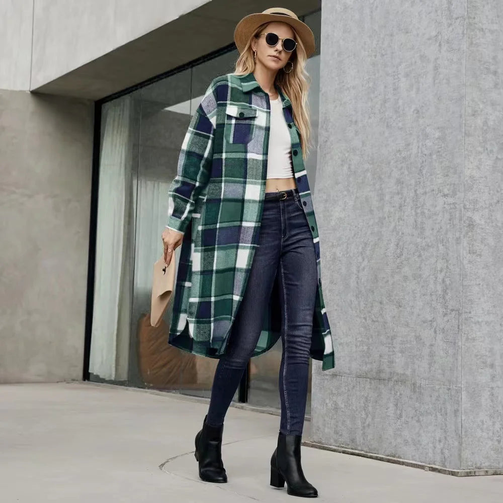 2024 New Autumn Shirt Coats Side Slit Lapel Loose Woolen Y2K Wool Trench Coat Women Long Sleeve Plaid Coat Pockets Shirt Jackets