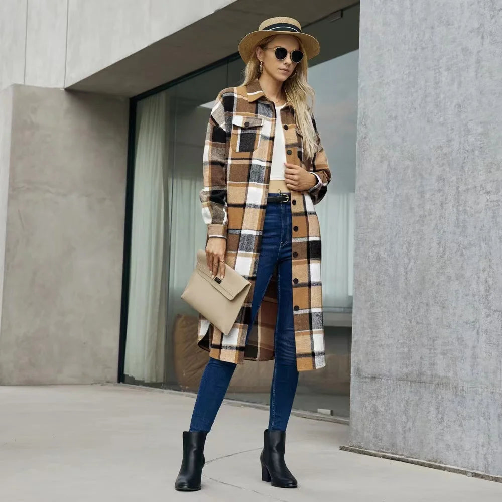 2024 New Autumn Shirt Coats Side Slit Lapel Loose Woolen Y2K Wool Trench Coat Women Long Sleeve Plaid Coat Pockets Shirt Jackets