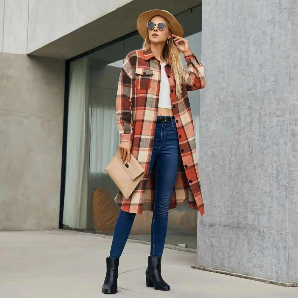 2024 New Autumn Shirt Coats Side Slit Lapel Loose Woolen Y2K Wool Trench Coat Women Long Sleeve Plaid Coat Pockets Shirt Jackets