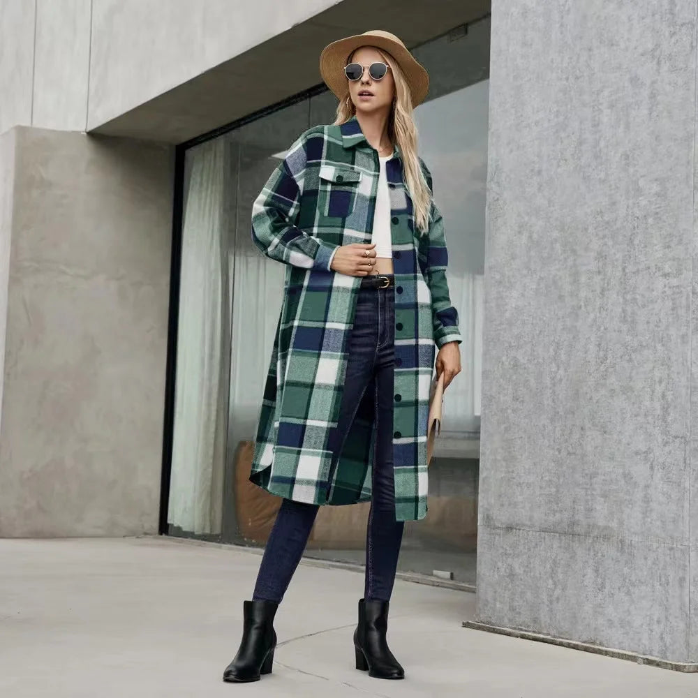 2024 New Autumn Shirt Coats Side Slit Lapel Loose Woolen Y2K Wool Trench Coat Women Long Sleeve Plaid Coat Pockets Shirt Jackets