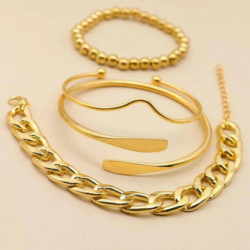 4pcs Punk Curb Cuban Chain Bracelets Set for Women Simple Thick Gold Color Charm Bracelets Fashion Jewelry Accessories New