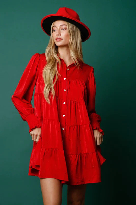 Christmas Solid Color Loose Temperament Shirt Dress